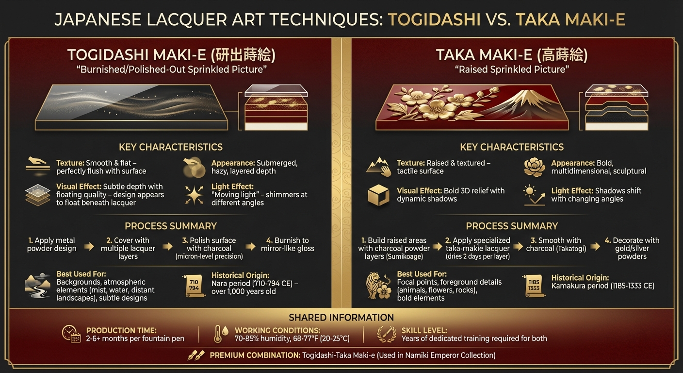 Togidashi vs Taka Maki-e Techniques Comparison Chart