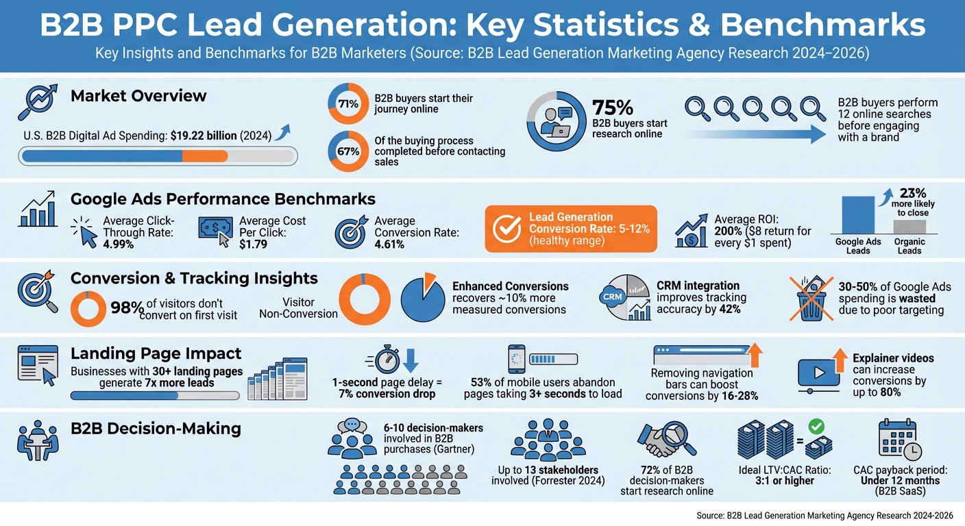 B2B PPC Lead Generation Statistics and ROI Benchmarks chart showing trends for 2024 through 2026