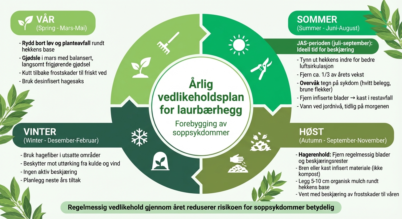 Årlig vedlikeholdsplan for forebygging av soppsykdommer på laurbærhegg