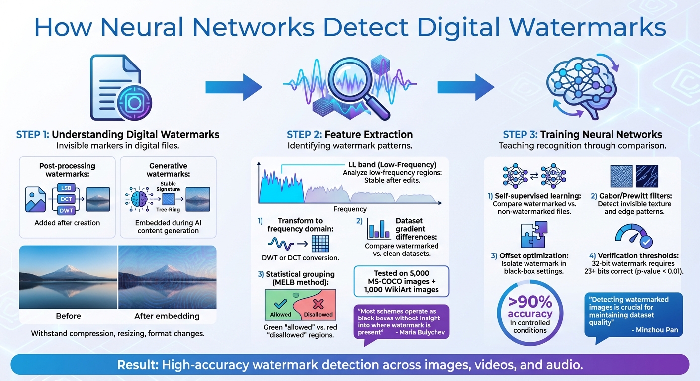 How Neural Networks Detect Digital Watermarks: 3-Step Process