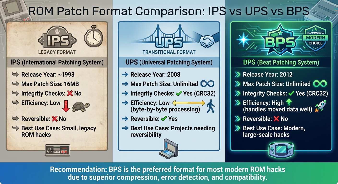 IPS vs UPS vs BPS ROM Patch Format Comparison Chart