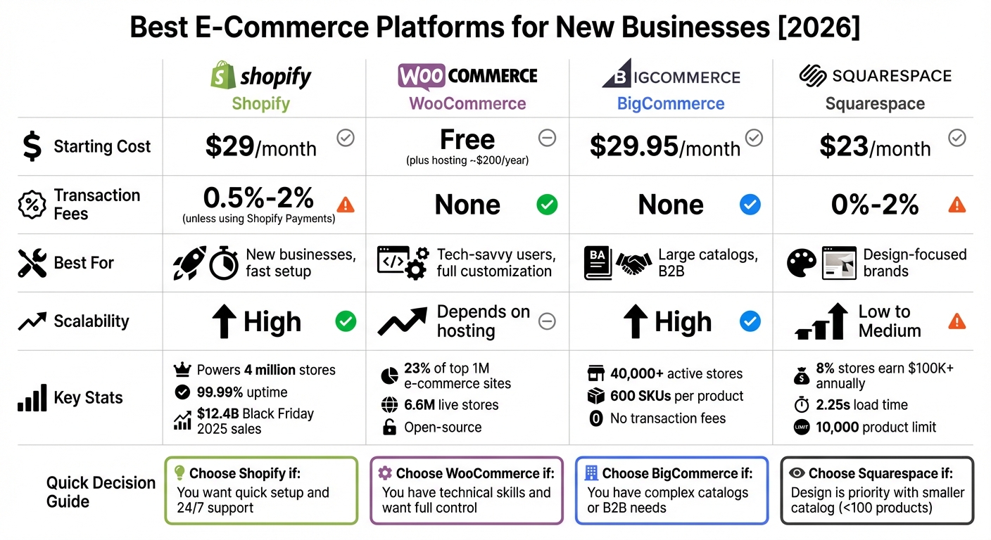 E-Commerce Platform Comparison 2026: Shopify vs WooCommerce vs BigCommerce vs Squarespace