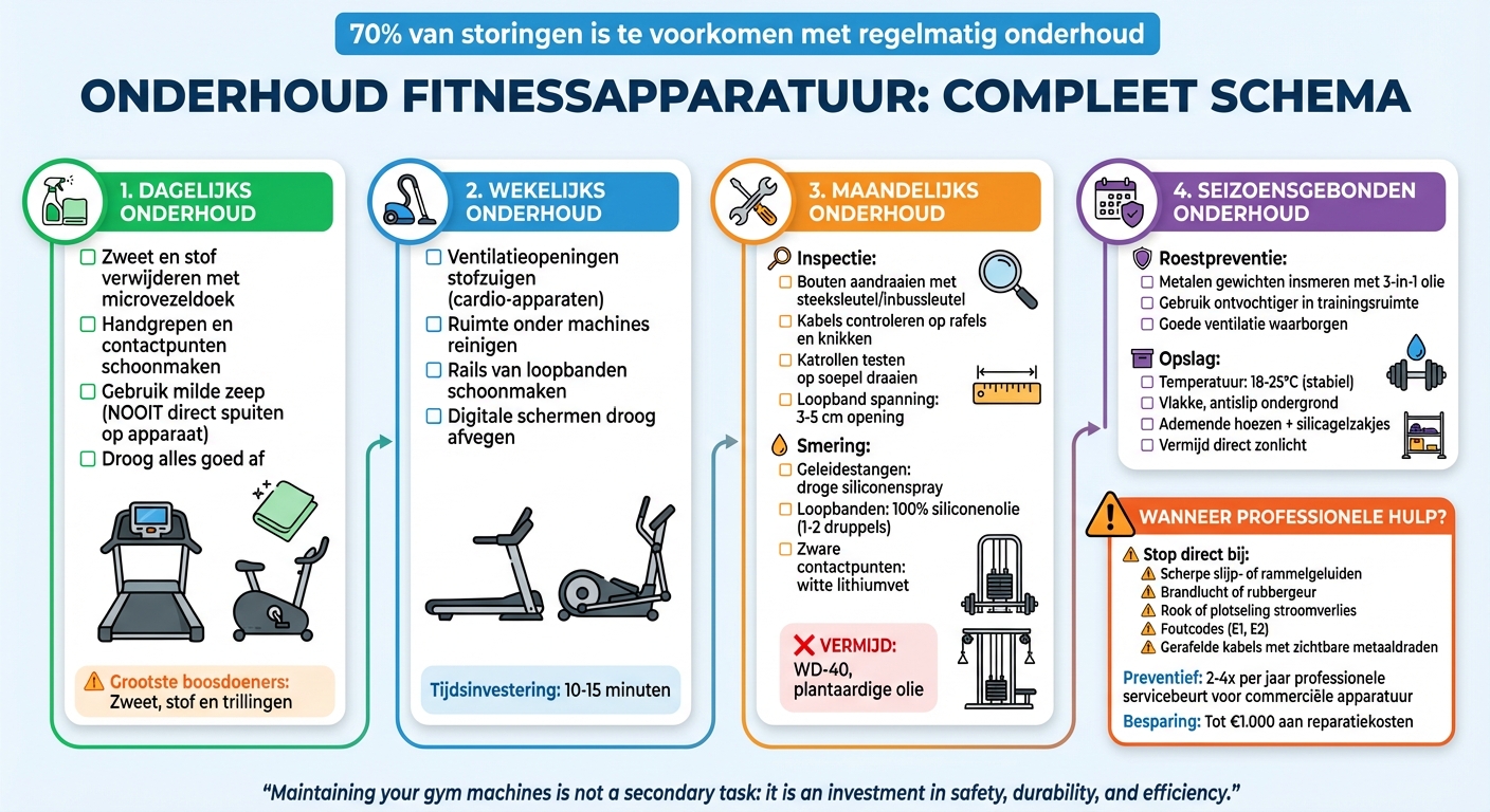 Complete onderhoudsschema voor fitnessapparatuur: dagelijks, wekelijks, maandelijks en seizoensgebonden
