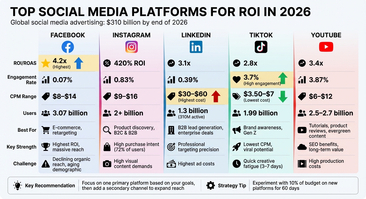 Social Media Platform ROI Comparison 2026: Facebook, Instagram, LinkedIn, TikTok, YouTube