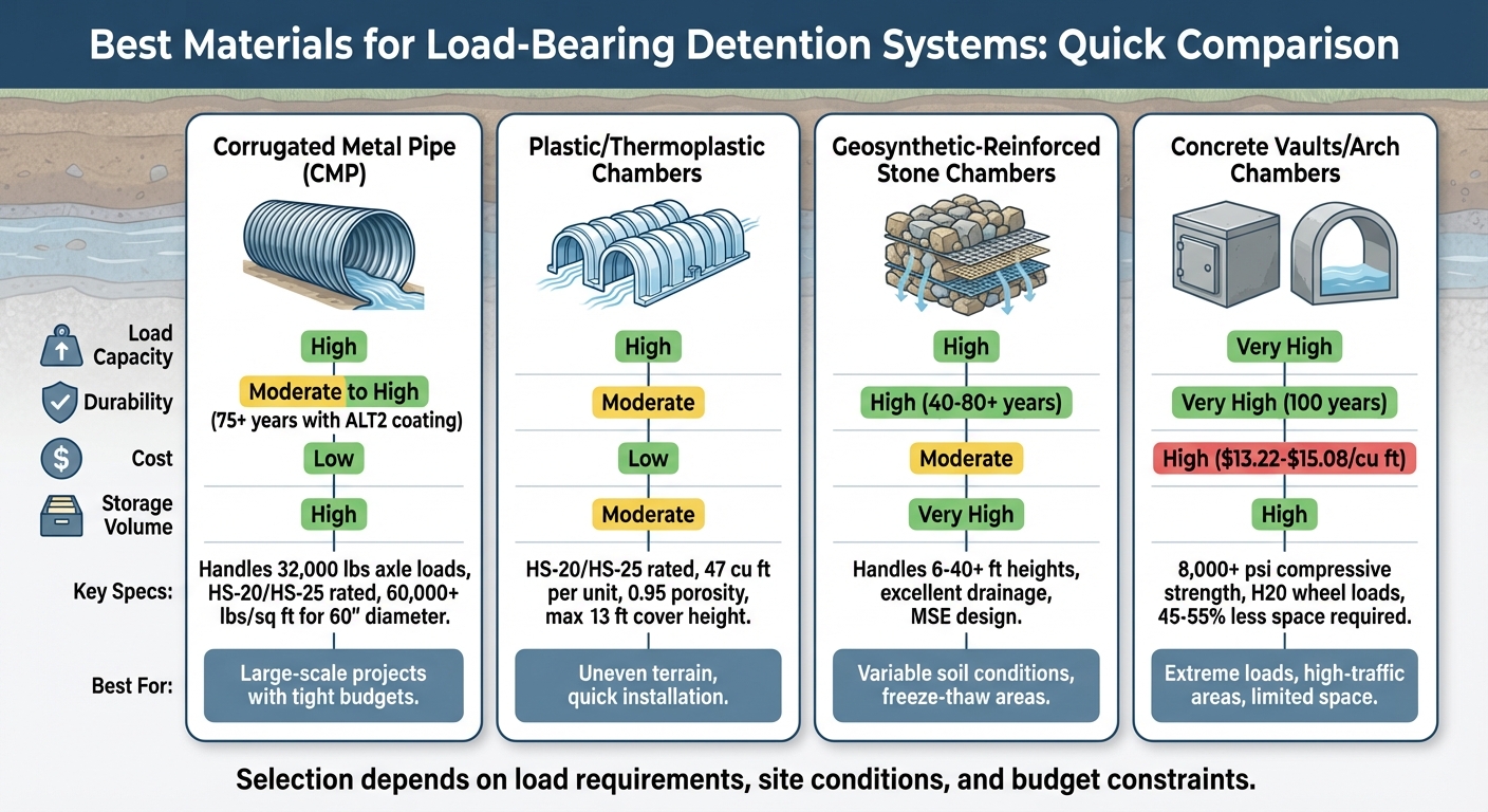 Comparison of Load-Bearing Detention System Materials: Load Capacity, Durability, Cost & Storage