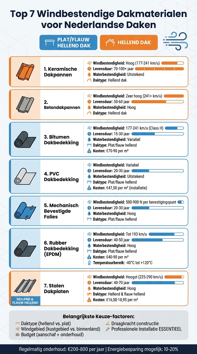 Vergelijking van 7 windbestendige dakmaterialen: windbestendigheid, levensduur en toepassingen