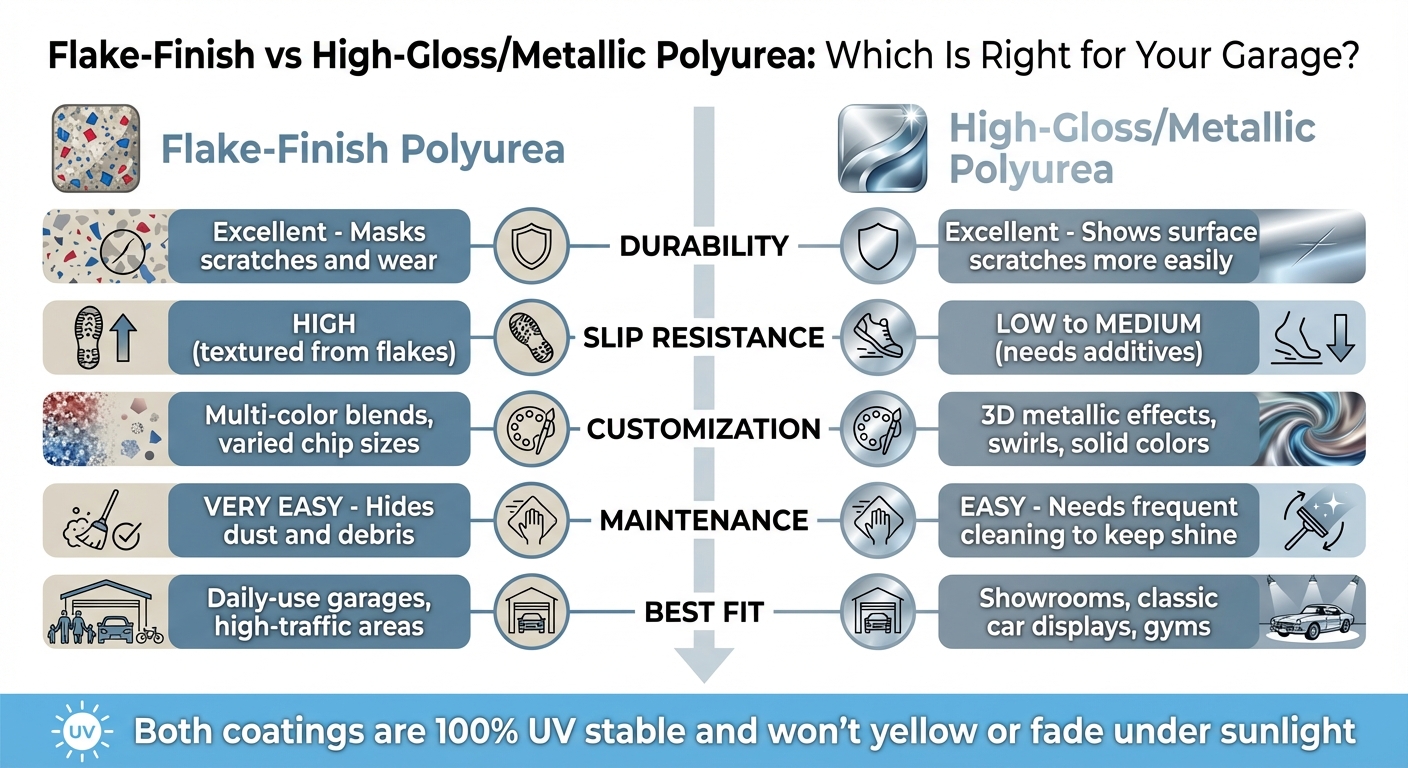 Flake-Finish vs High-Gloss Polyurea Garage Floor Coatings Comparison