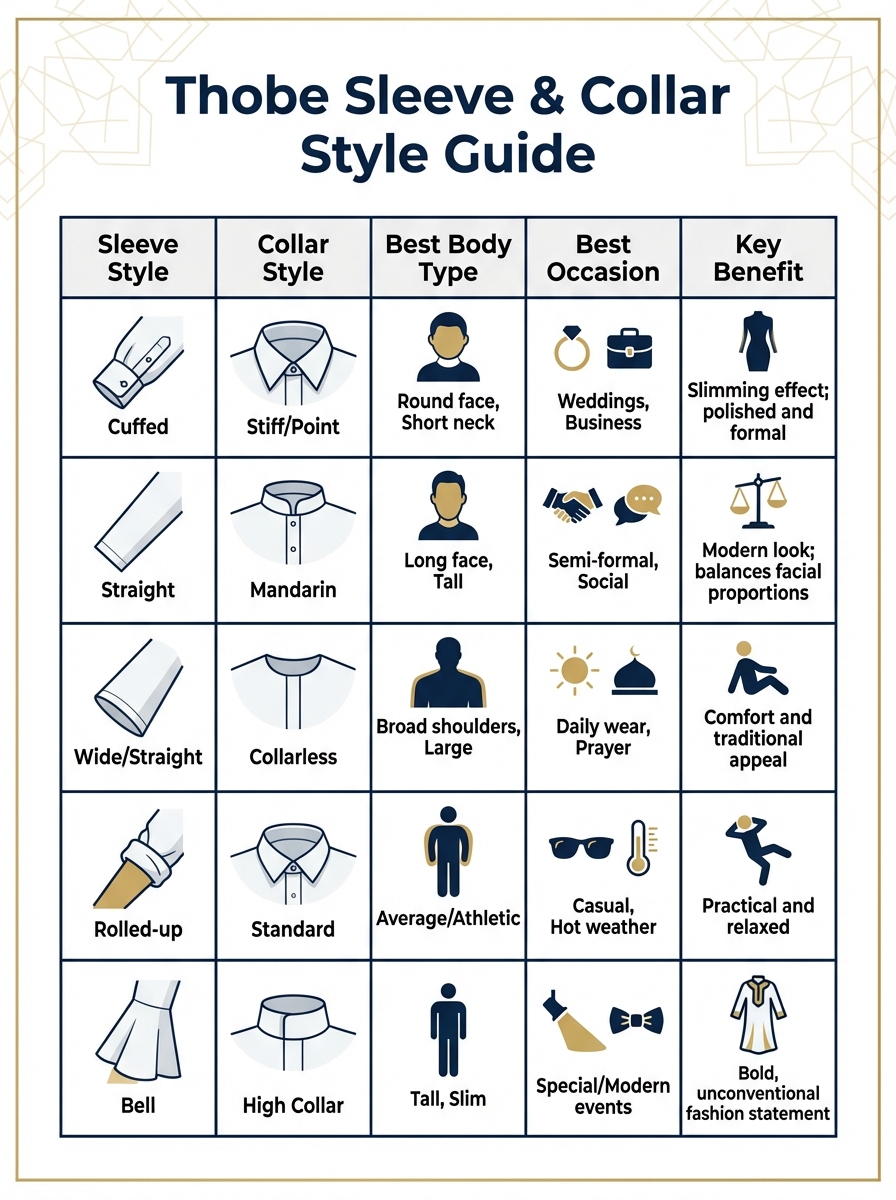 Thobe Sleeve and Collar Style Combinations Guide by Body Type and Occasion
