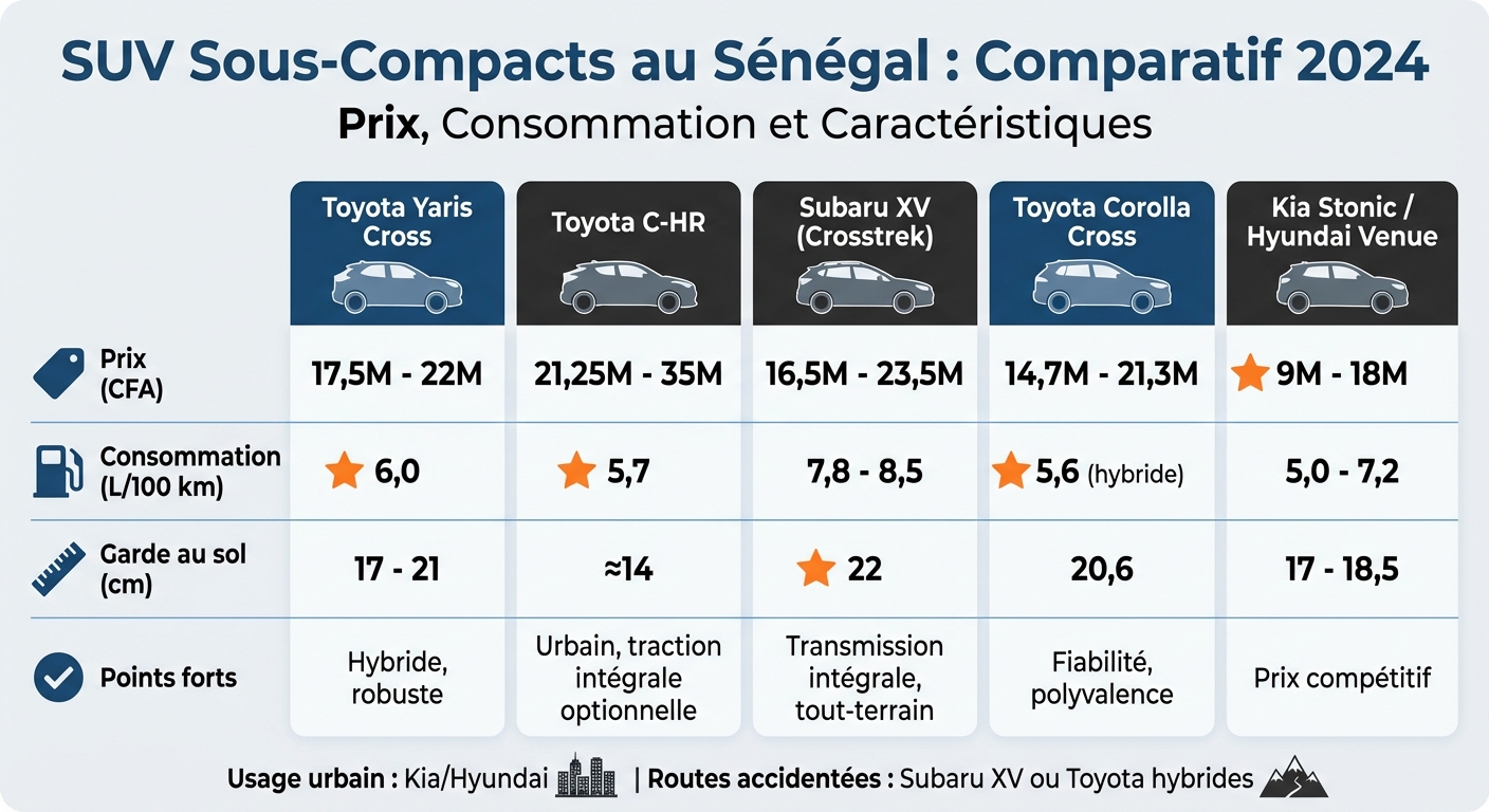 Comparatif SUV sous-compacts au Sénégal : prix, consommation et caractéristiques