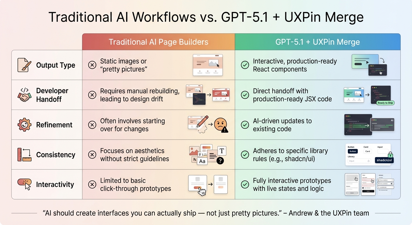 Traditional AI Page Builders vs GPT-5.1 + UXPin Merge Workflow Comparison