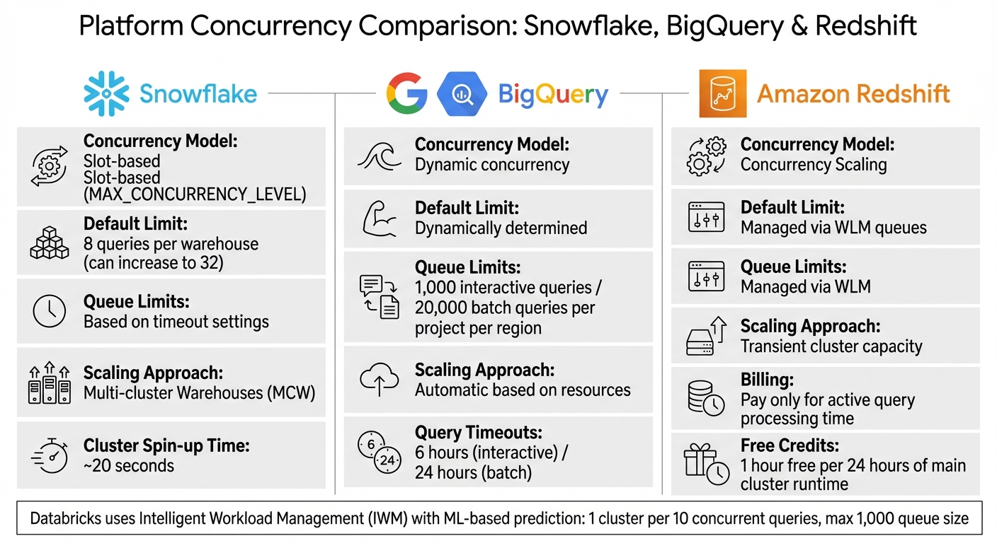 Concurrency Limits and Scaling Approaches: Snowflake vs BigQuery vs Redshift