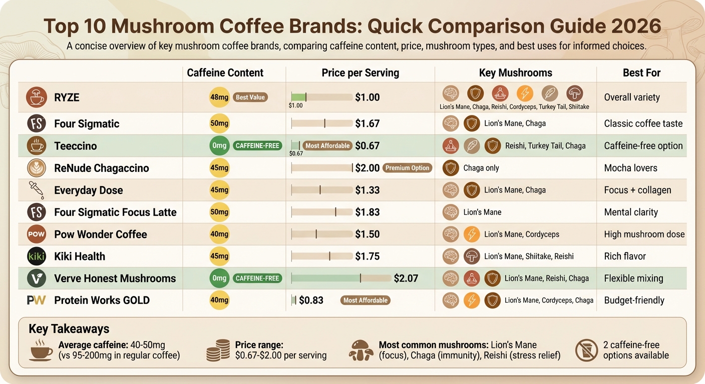 Top 10 Mushroom Coffee Brands Comparison 2026: Caffeine, Price & Benefits