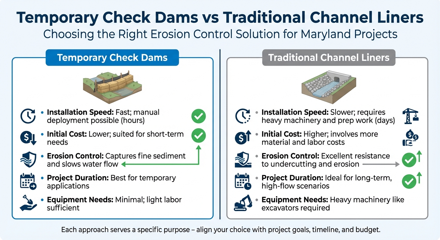 Temporary Check Dams vs Traditional Channel Liners Comparison Chart
