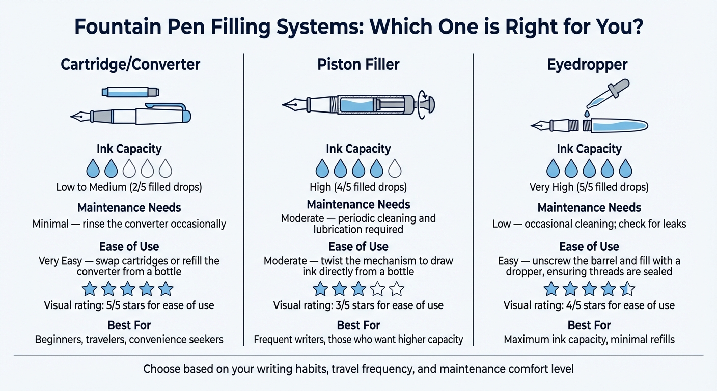Fountain Pen Filling Systems Comparison: Capacity, Maintenance, and Ease of Use