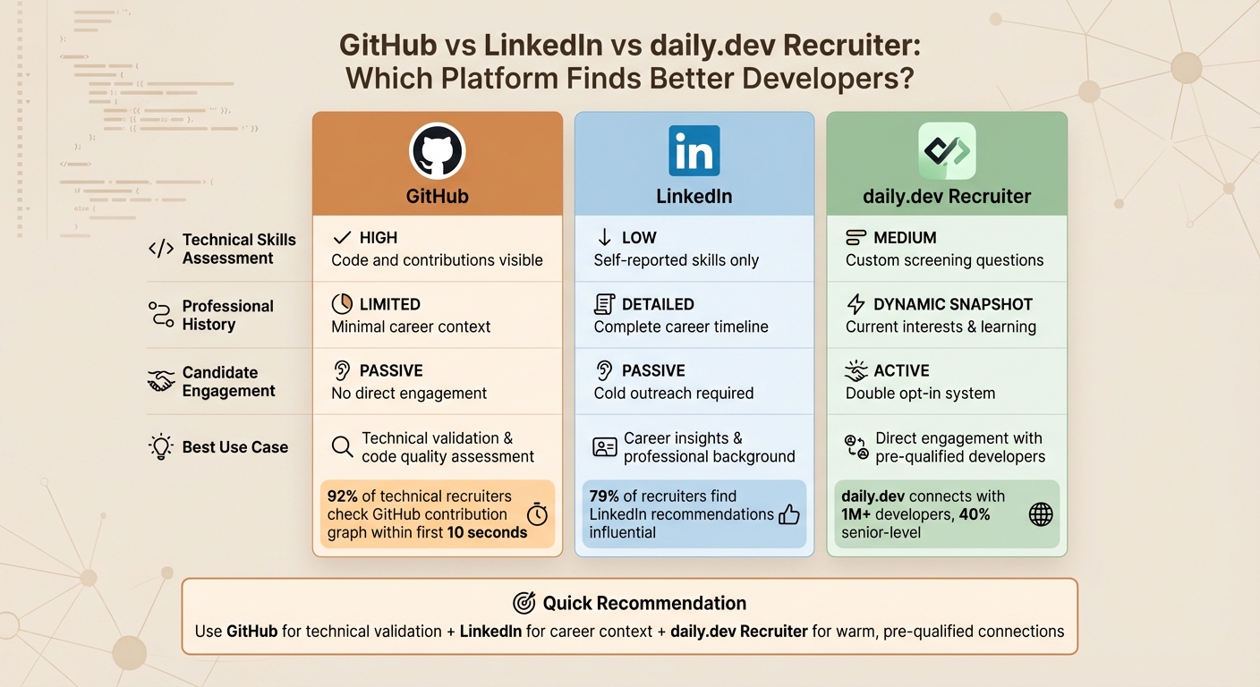 GitHub vs LinkedIn vs daily.dev Recruiter: Developer Recruitment Platform Comparison