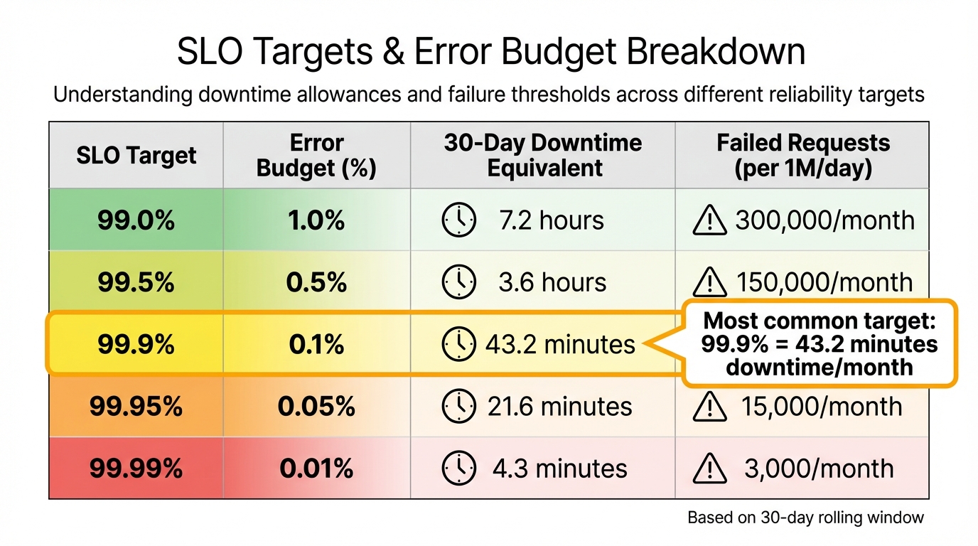 SLO Targets and Error Budget Breakdown: Downtime Allowances and Failed Request Thresholds