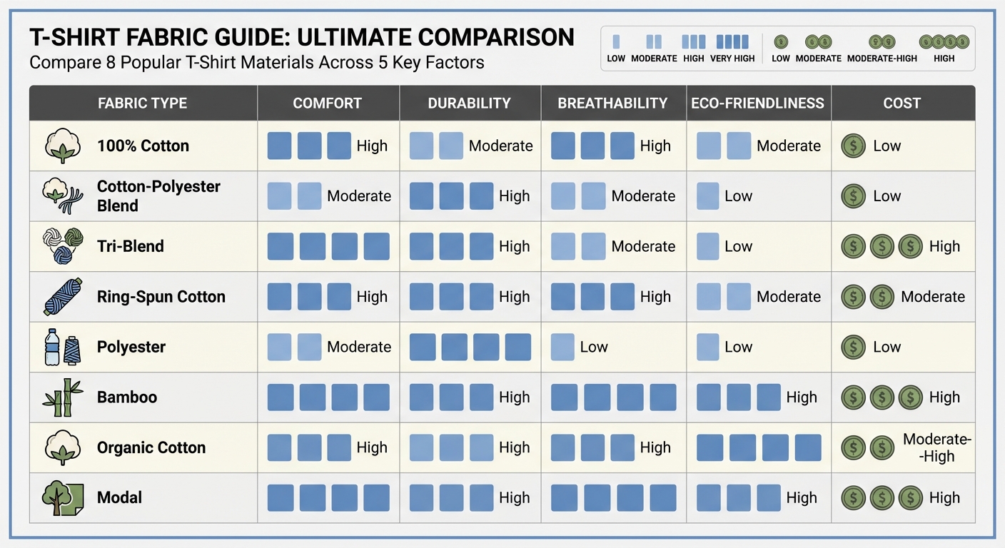 T-Shirt Fabric Comparison: 8 Materials Rated by Comfort, Durability, Breathability, Eco-Friendliness and Cost