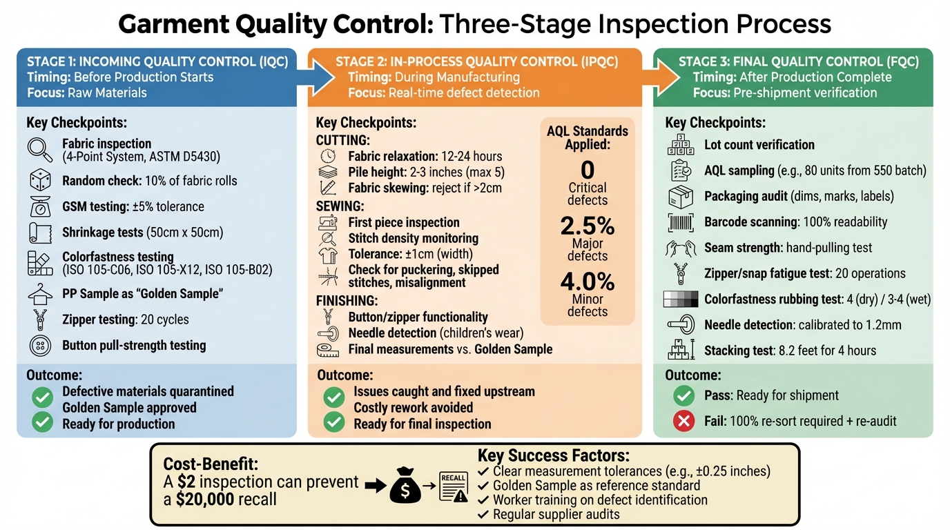 Three-Stage Garment Quality Control Process: IQC, IPQC, and FQC