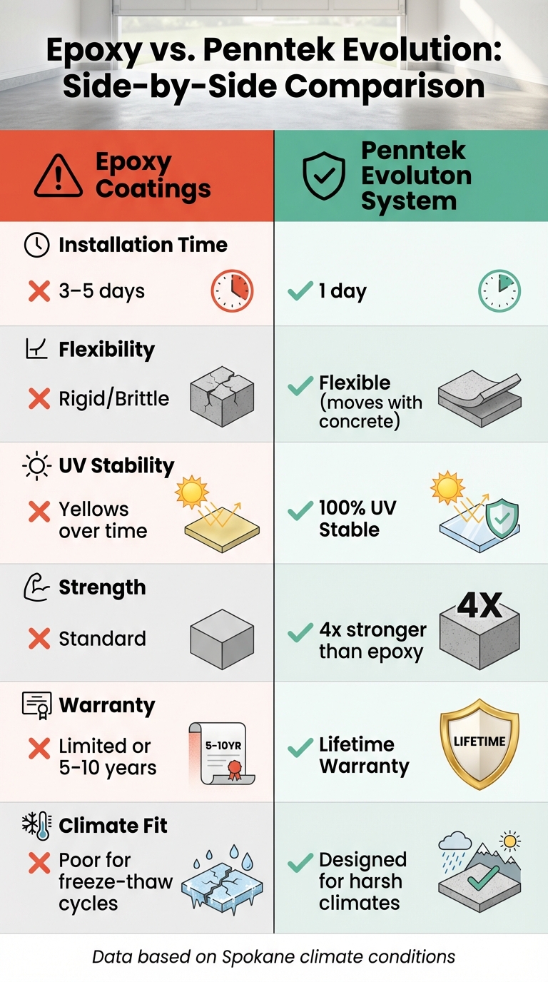 Epoxy Garage Floors In Spokane: Cure Times, Warranties, And Why They Fall Short 1 Epoxy Vs Penntek Evolution Garage Floor Coating Comparison Chart