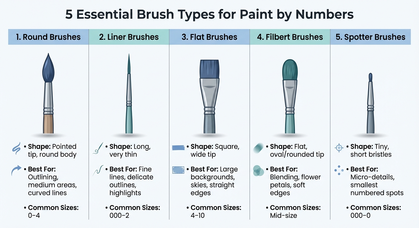 Paint by Numbers Brush Types Guide: Shapes, Uses, and Sizes