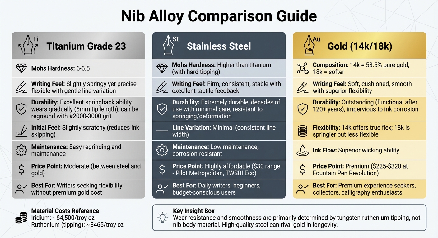 Fountain Pen Nib Materials Comparison: Titanium vs Steel vs Gold