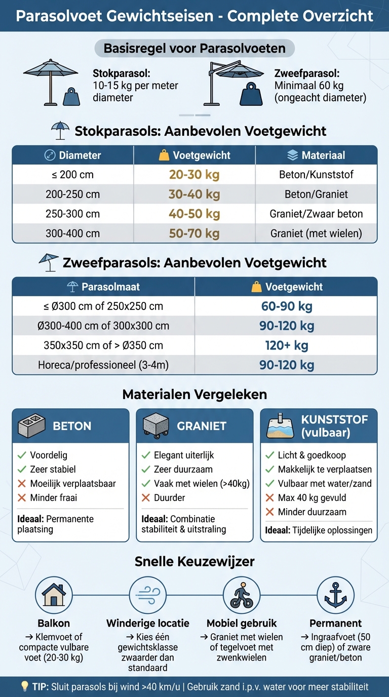 Parasolvoet gewichtseisen per parasol type en diameter
