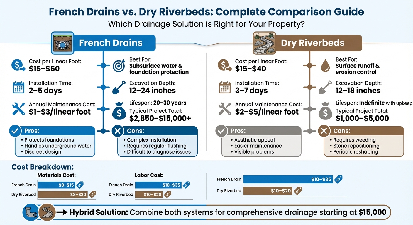 French Drains vs Dry Riverbeds Cost and Features Comparison