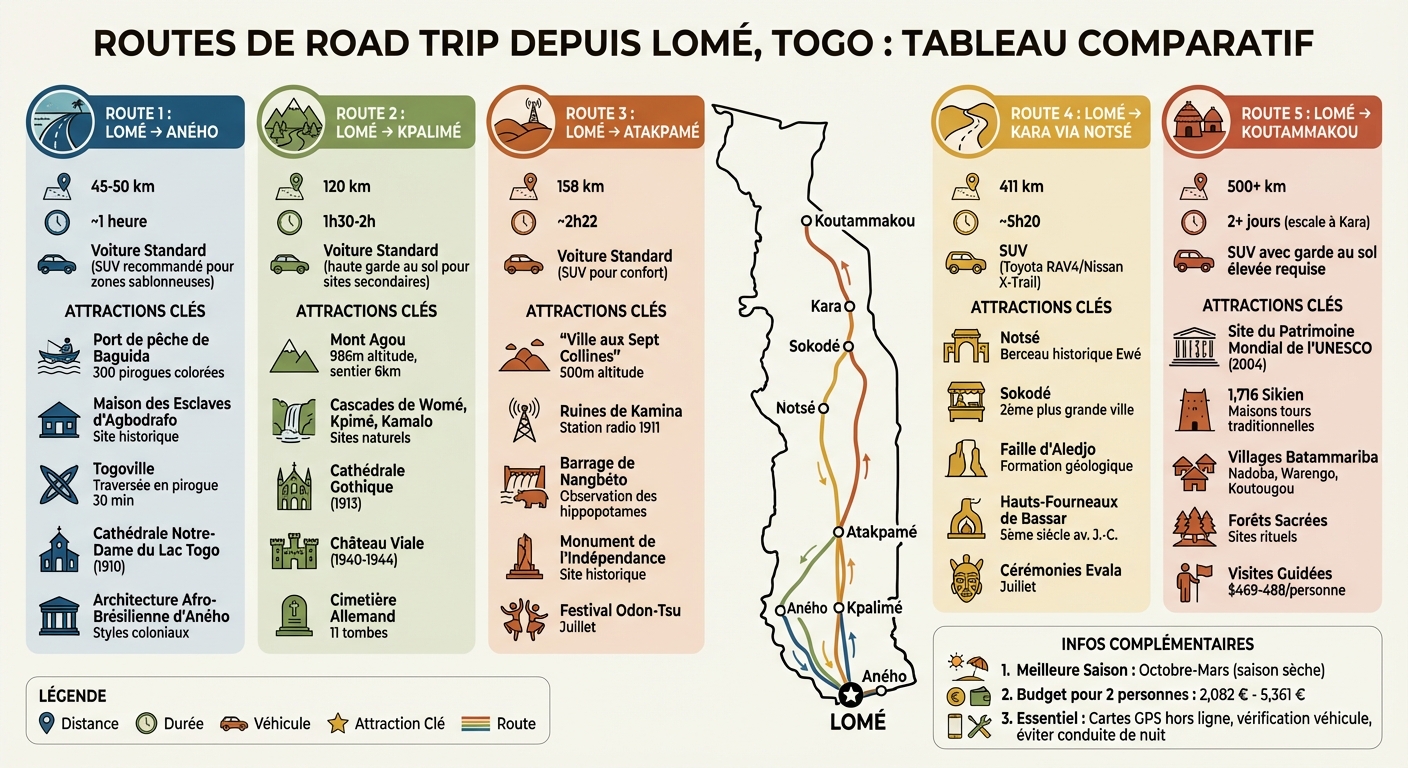 Comparatif des 5 meilleurs road trips depuis Lomé, Togo : distances, durées et attractions