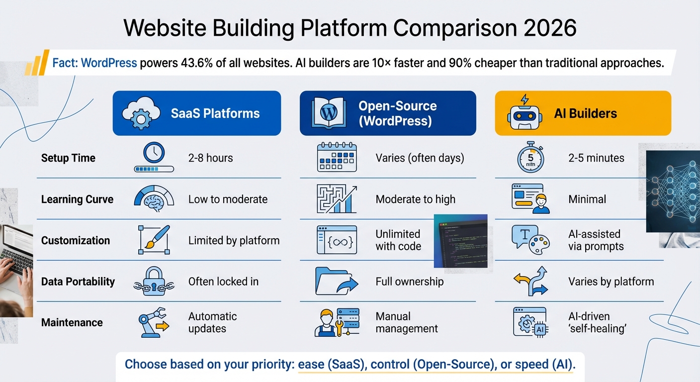Website Building Platform Comparison: SaaS vs Open-Source vs AI Builders