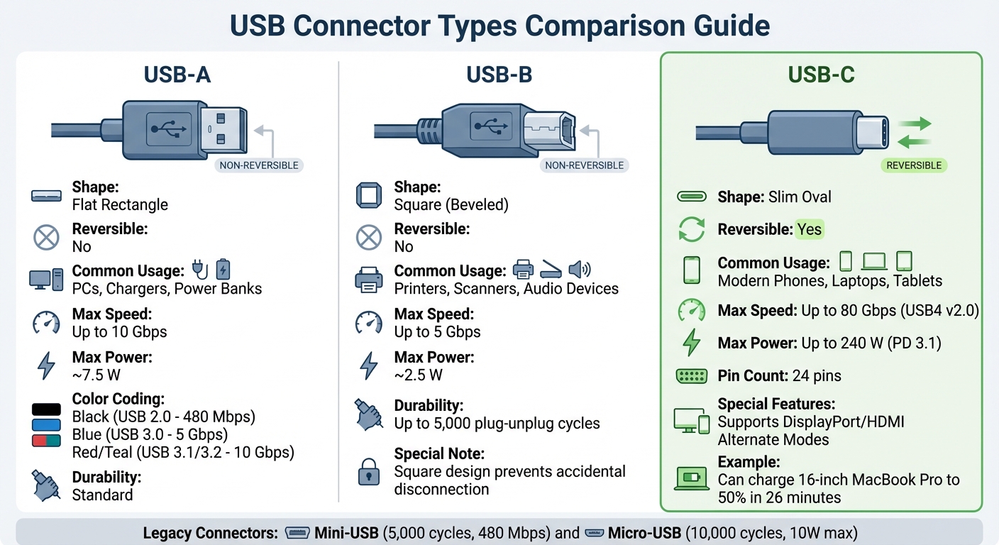 USB Connector Types Comparison: USB-A vs USB-B vs USB-C Specifications