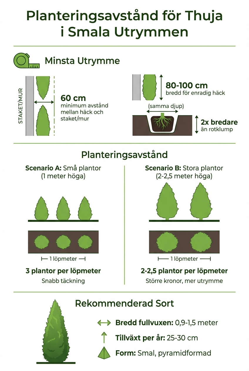 Planteringsguide för thuja i smala utrymmen - avstånd och mått