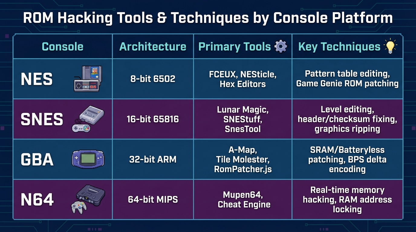ROM Hacking Tools and Techniques Comparison by Console Platform