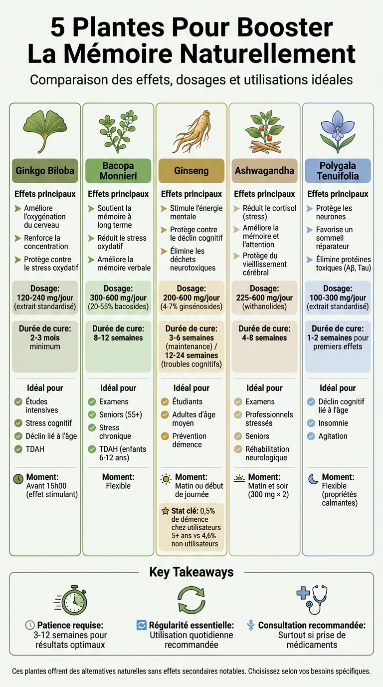 Comparaison des 5 plantes pour booster la mémoire : effets, dosages et utilisations