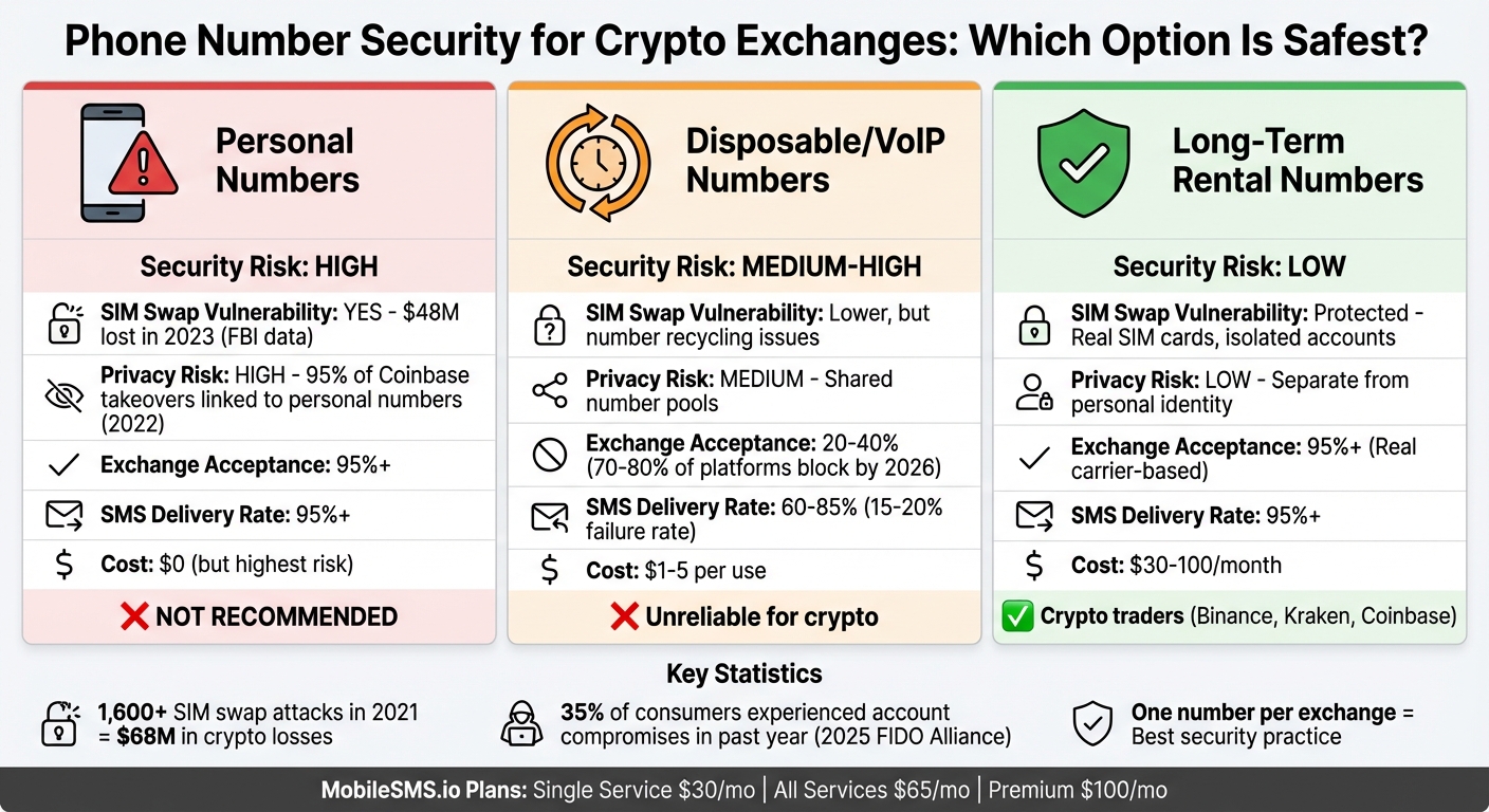 Secure SMS Verification for Crypto Exchanges (Binance, Kraken, Coinbase, etc.) Without Your Real Number 3 Comparison of Phone Number Types for Crypto Exchange Verification: Personal vs Disposable vs Long-Term Rental