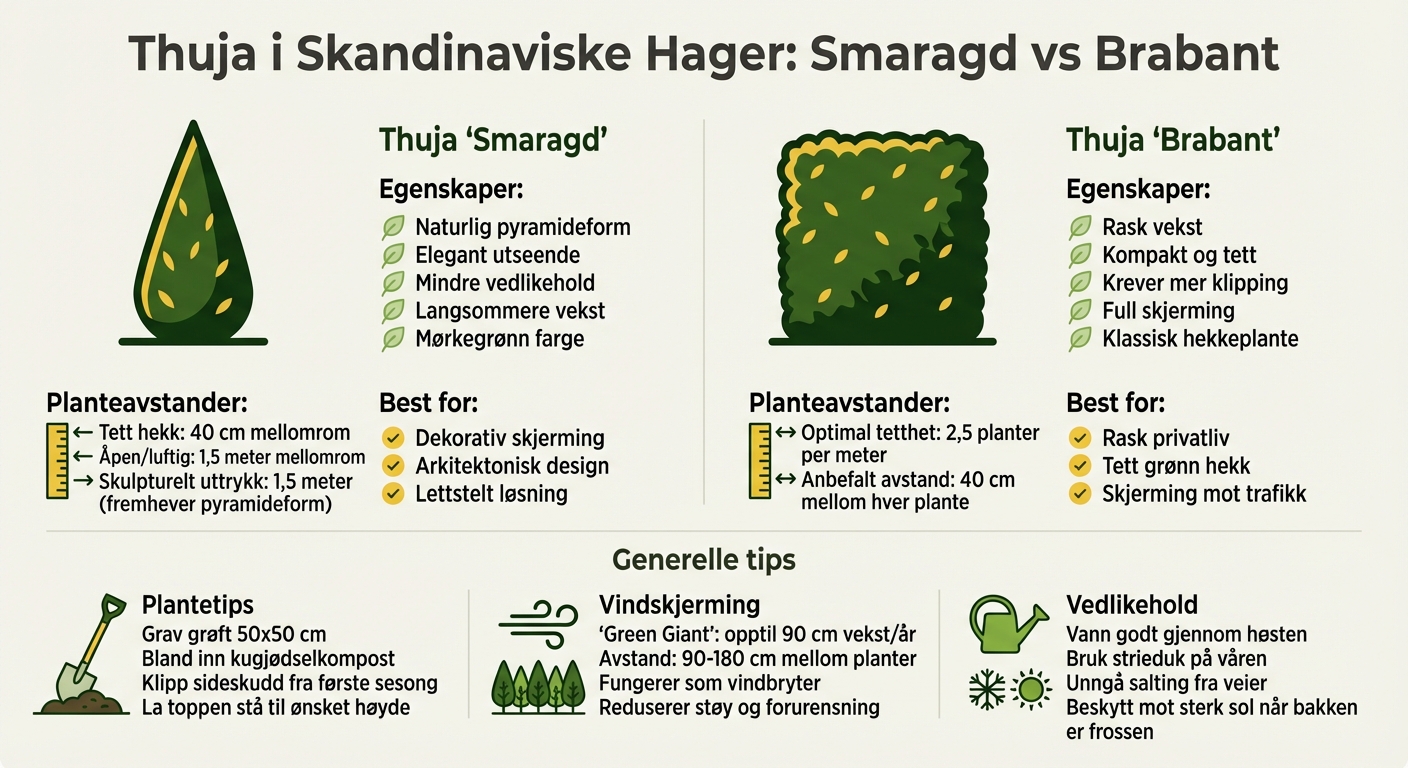 Thuja Smaragd vs Brabant: Sammenligning av egenskaper og planteavstander