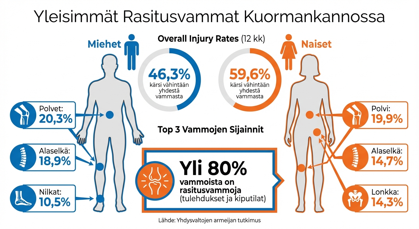 Yleisimmät rasitusvammat ja niiden esiintyvyys sotilailla sukupuolen mukaan