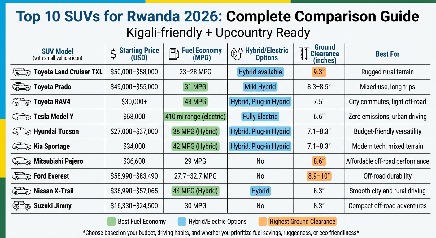 Top 10 SUVs for Rwanda 2026: Price, Fuel Economy & Features Comparison