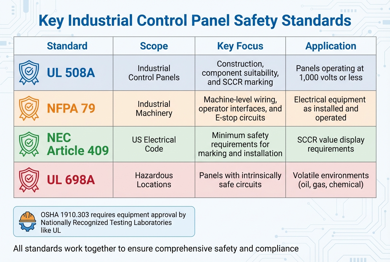Industrial Control Panel Safety Standards Comparison: UL 508A, NFPA 79, NEC Article 409, and UL 698A
