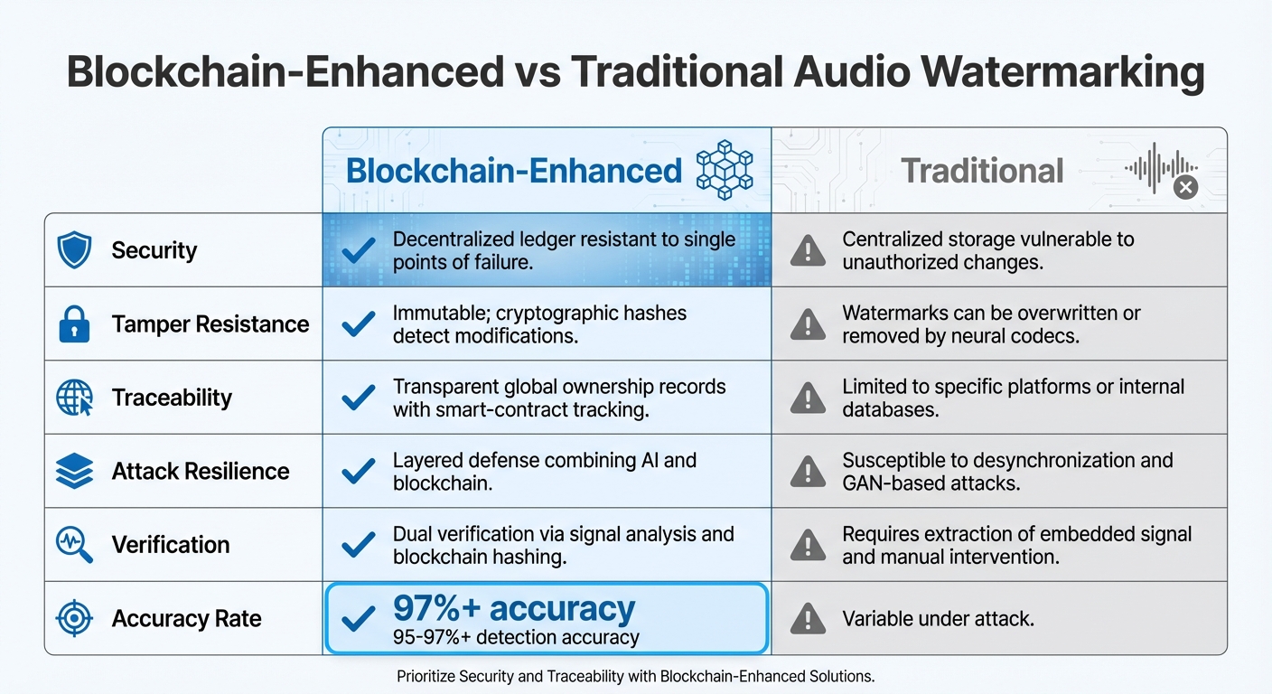 Blockchain-Enhanced vs Traditional Audio Watermarking Comparison