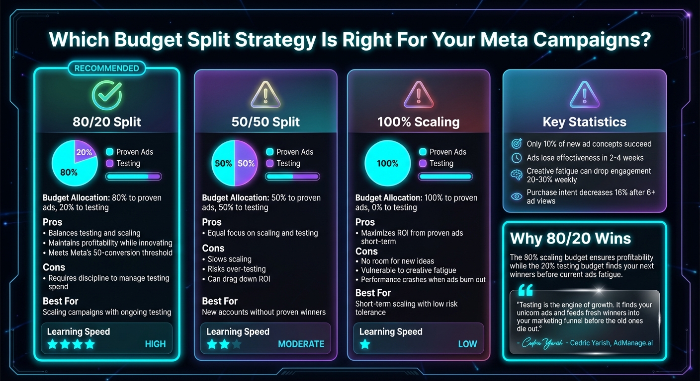 Meta Ad Budget Split Strategies: 80/20 vs 50/50 vs 100% Scaling Comparison