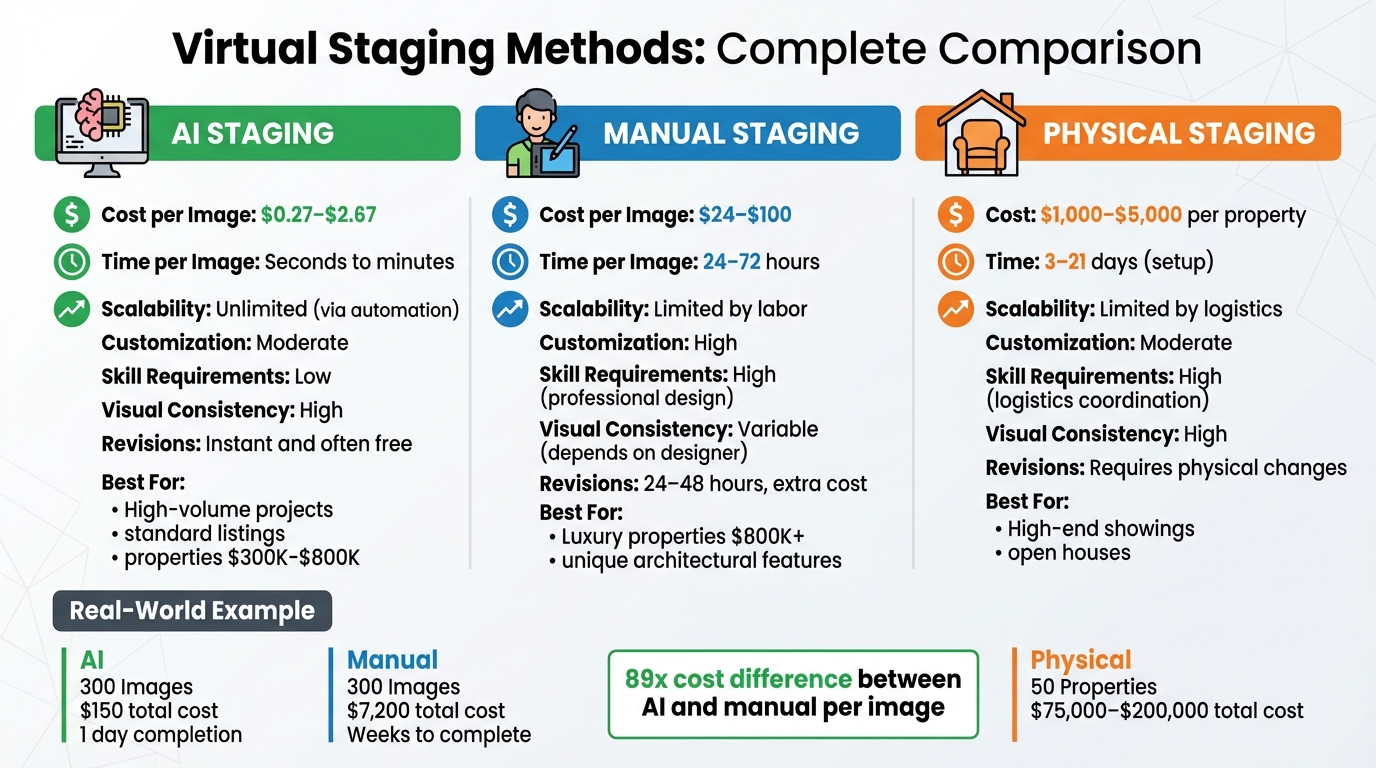 AI vs Manual vs Physical Virtual Staging Comparison: Cost, Time and Scalability