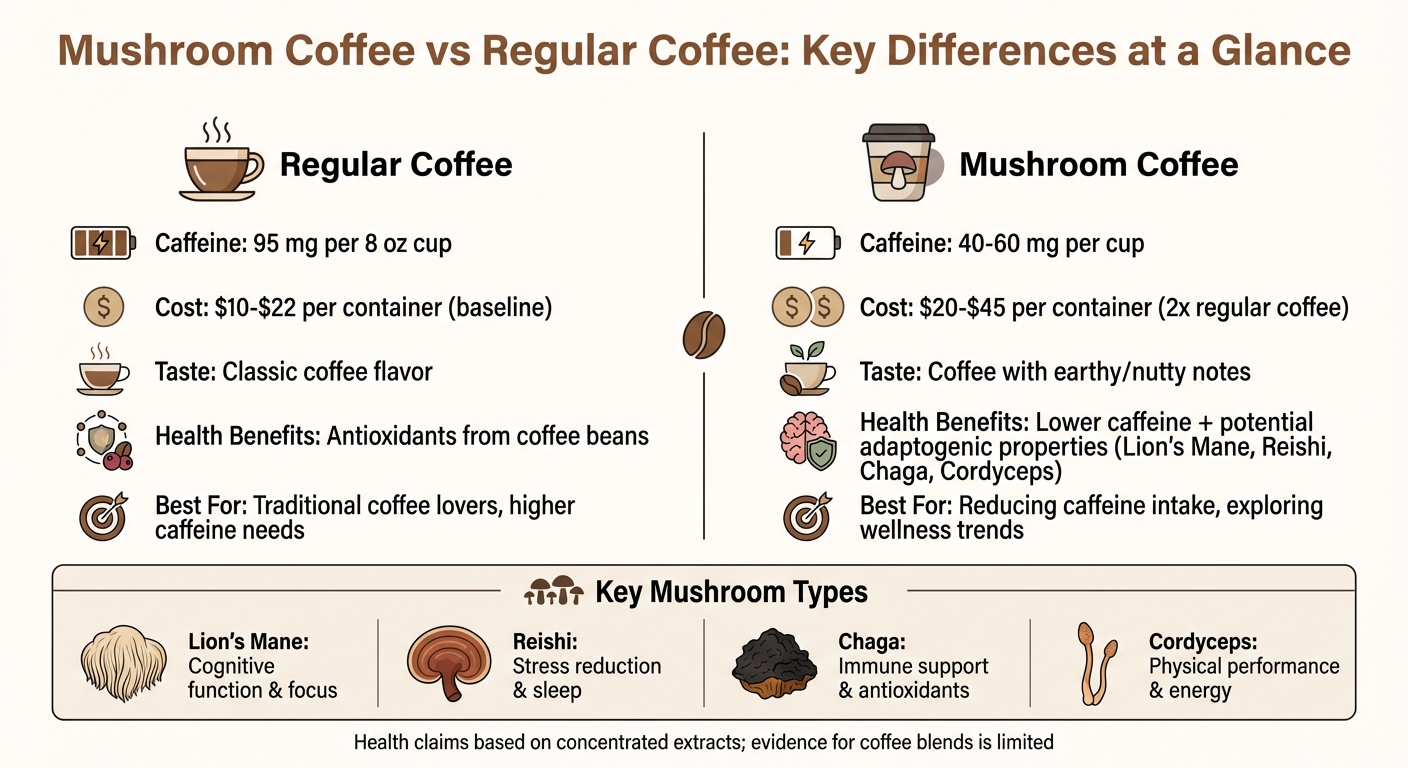 Mushroom Coffee vs Regular Coffee: Caffeine, Cost, and Health Benefits Comparison