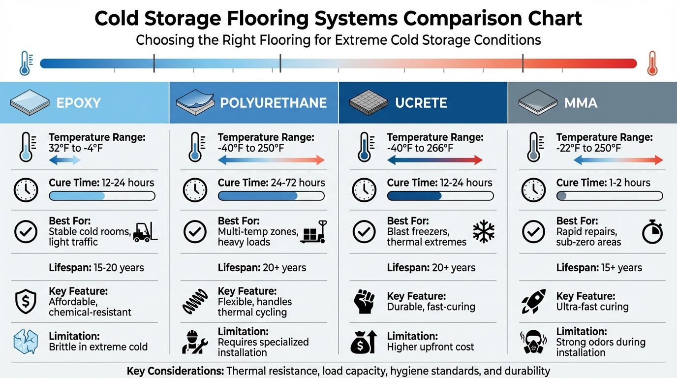 Cold Storage Flooring Systems Comparison: Temperature Range, Cure Time, and Lifespan