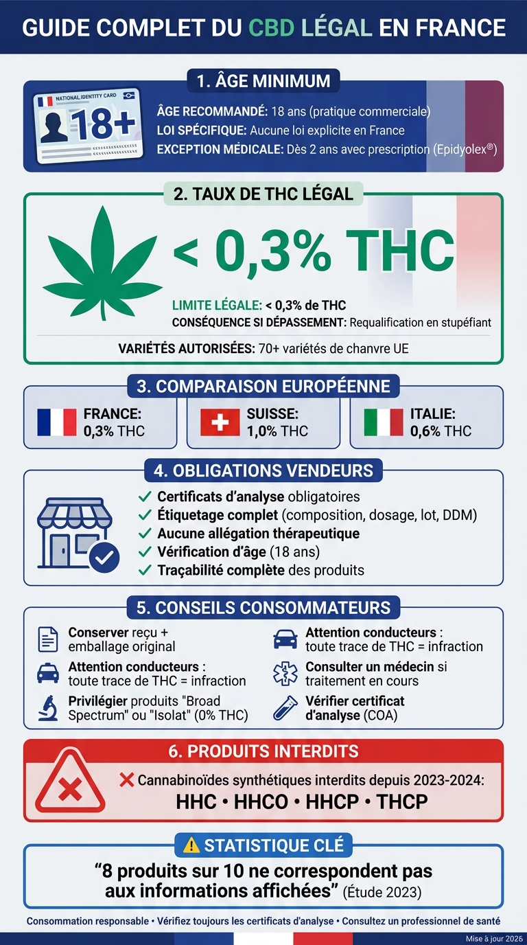 Réglementation CBD en France : âge minimum, taux de THC et obligations légales