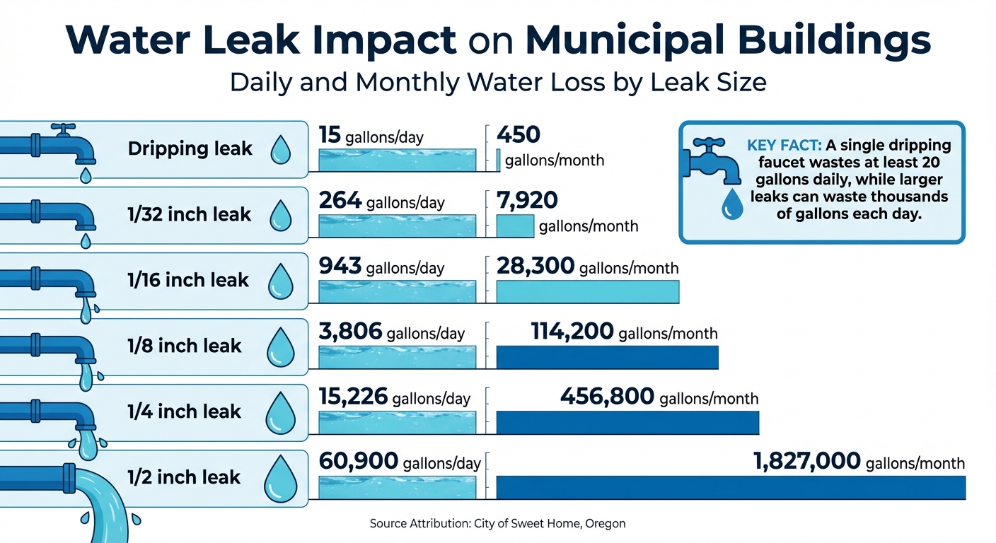 Municipal Building Water Leak Impact: Daily and Monthly Water Loss by Leak Size