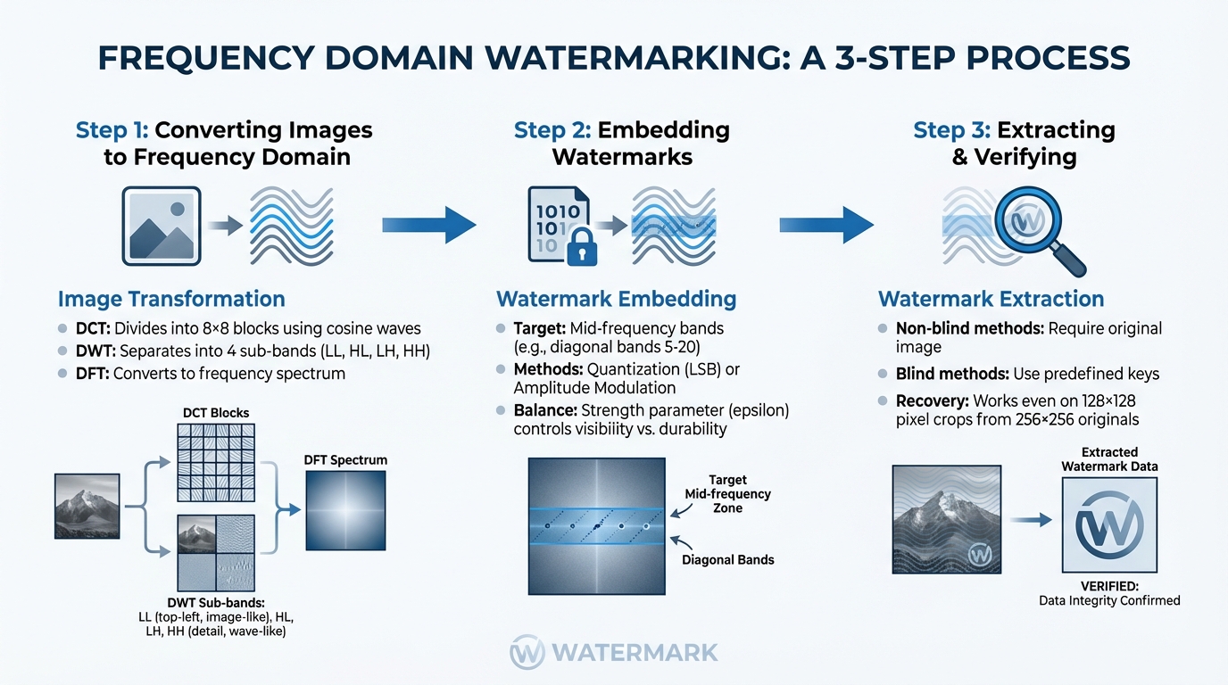 How Frequency Domain Watermarking Works: 3-Step Process