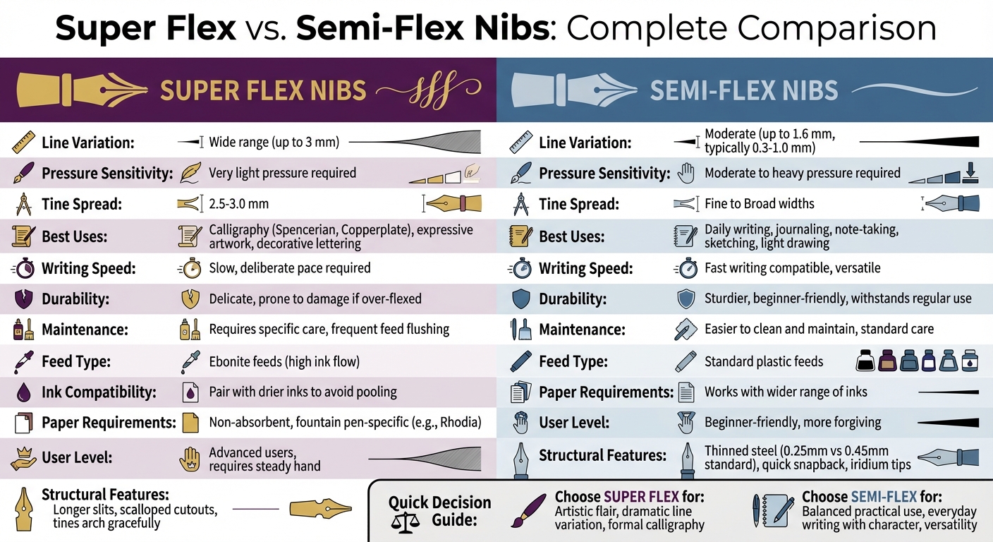 Super Flex vs Semi-Flex Fountain Pen Nibs Comparison Chart