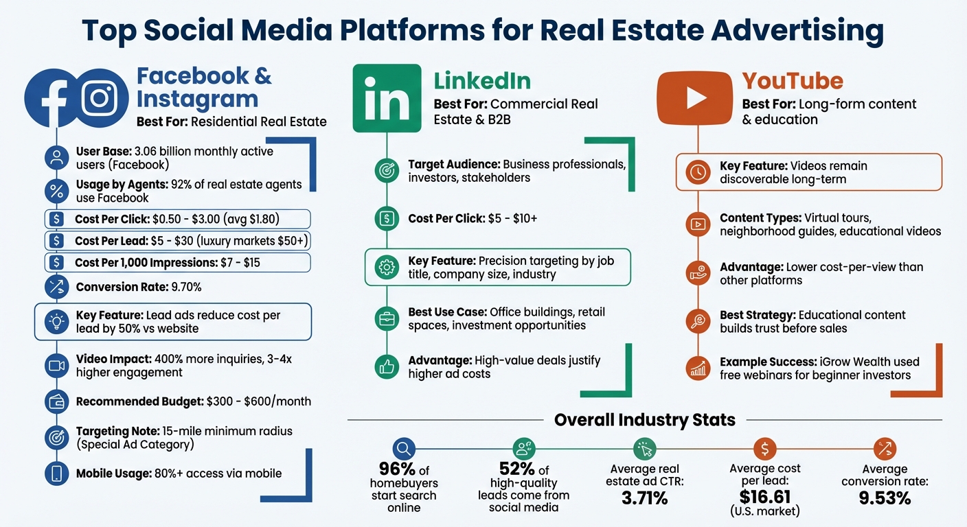 Top Social Media Platforms for Real Estate Advertising: Facebook, Instagram, LinkedIn & YouTube Comparison