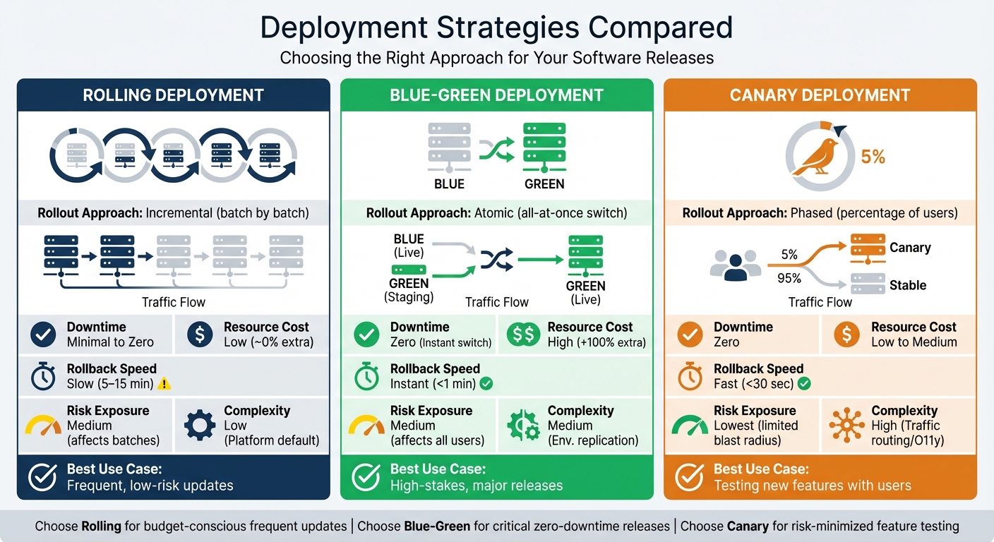 Rolling vs Blue-Green vs Canary Deployment Strategies Comparison