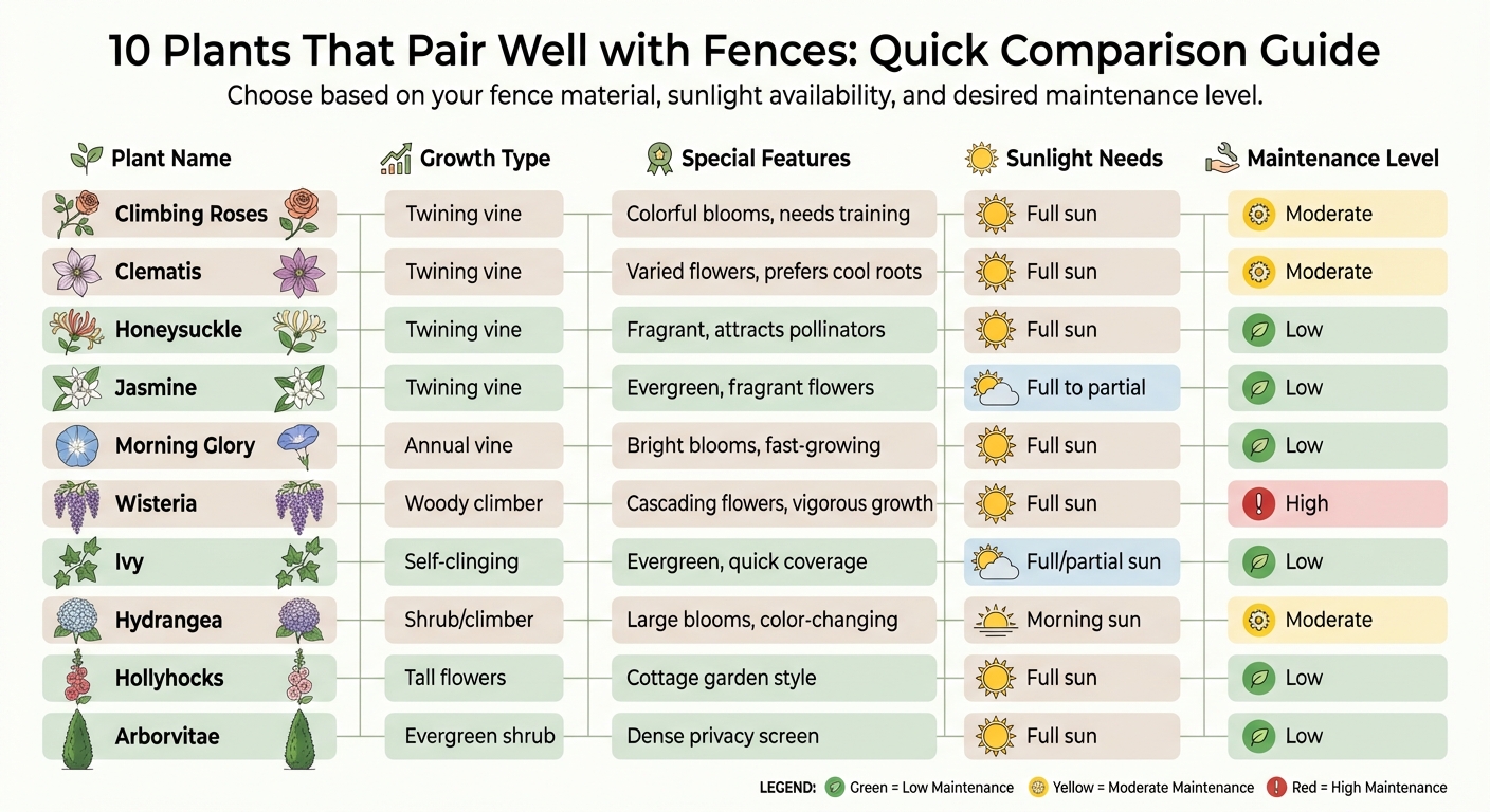 10 Best Fence Plants Comparison: Growth, Sunlight, and Maintenance Guide